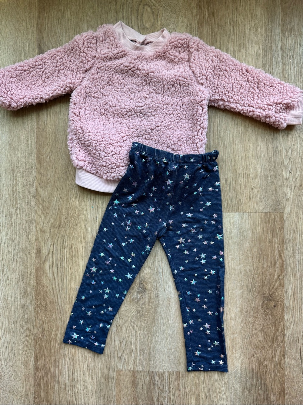 Kids Pink Sherpa Sweatshirt and Navy Star Leggings Set